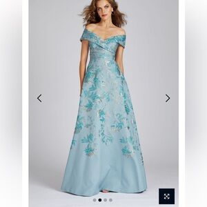 Teri Jon Rickie Freeman - Aqua Floral Gown - Off the Shoulder